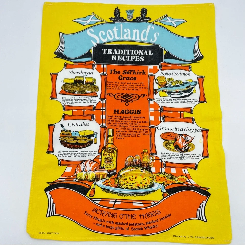 Vintage Scotland Tea Towel Traditional Recipes Haggis Kitsch Retro Kitchen Linen